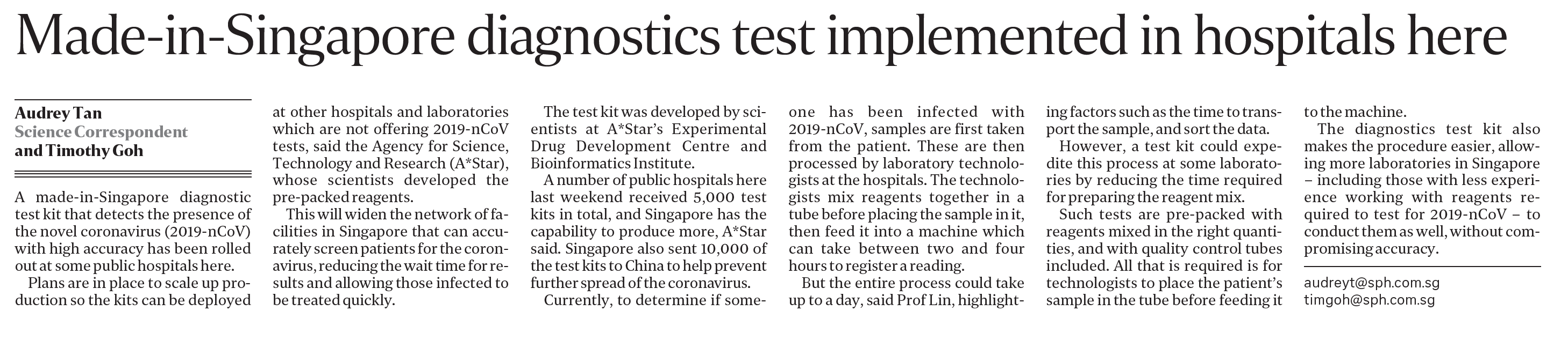 SunTimes, 9 Feb 2020, pA10 - Made-in-Singapore diagnostics test implemented in hospitals here