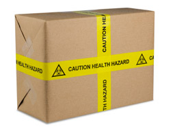 box taped with a warning labled 'Caution! Health Hazard'